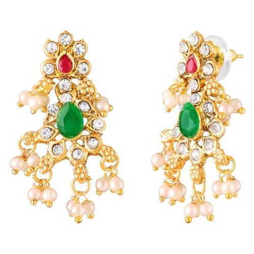 Peora Gold Plated Faux Emerald Faux Ruby & Beads Studded Choker & Long Necklace Earrings Set Ethnic Bridal Jewellery for Women - Image 5