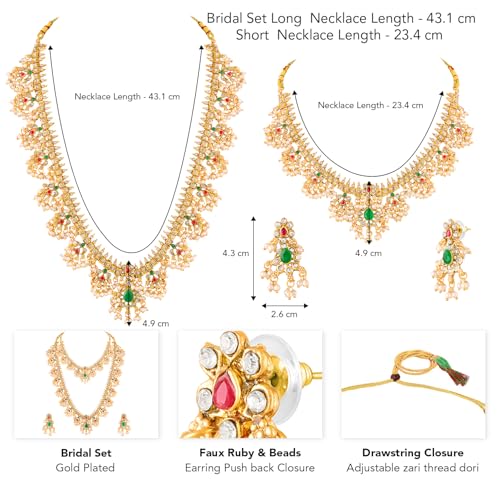 Peora Gold Plated Faux Emerald Faux Ruby & Beads Studded Choker & Long Necklace Earrings Set Ethnic Bridal Jewellery for Women - Image 4