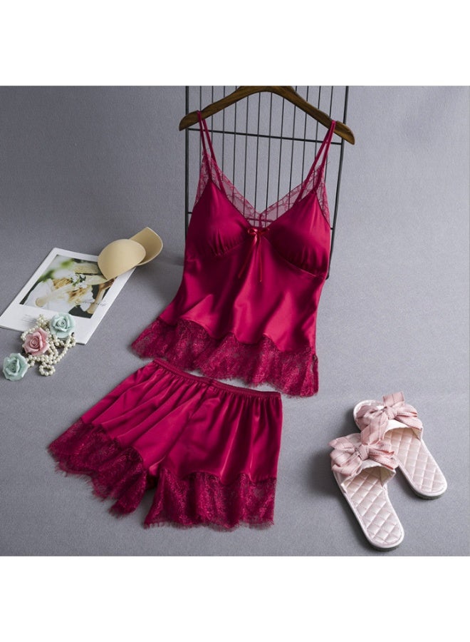 Women Pajama Set 2 Pieses Sleepwear Contrast Lace Nightgown Set With Camisole And Shorts