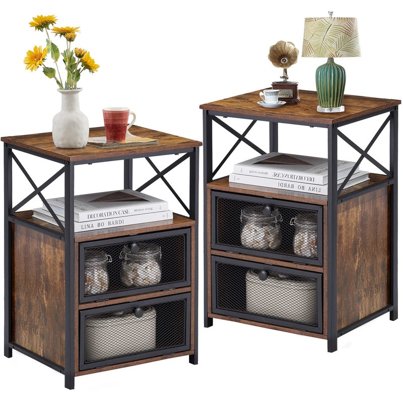 VECELO End Tables Set of 2 Modern Nightstands with Storage Drawer  Shelf Night Stand for Bedroom Living Room