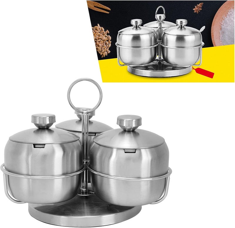 Seasoning Pot Set, Rotating Condiment Jar Container with Lid and Spoon, 350ML 304 Stainless Steel Salt Sugar Organizer for Kitchen Restaurant Camping - Image 4