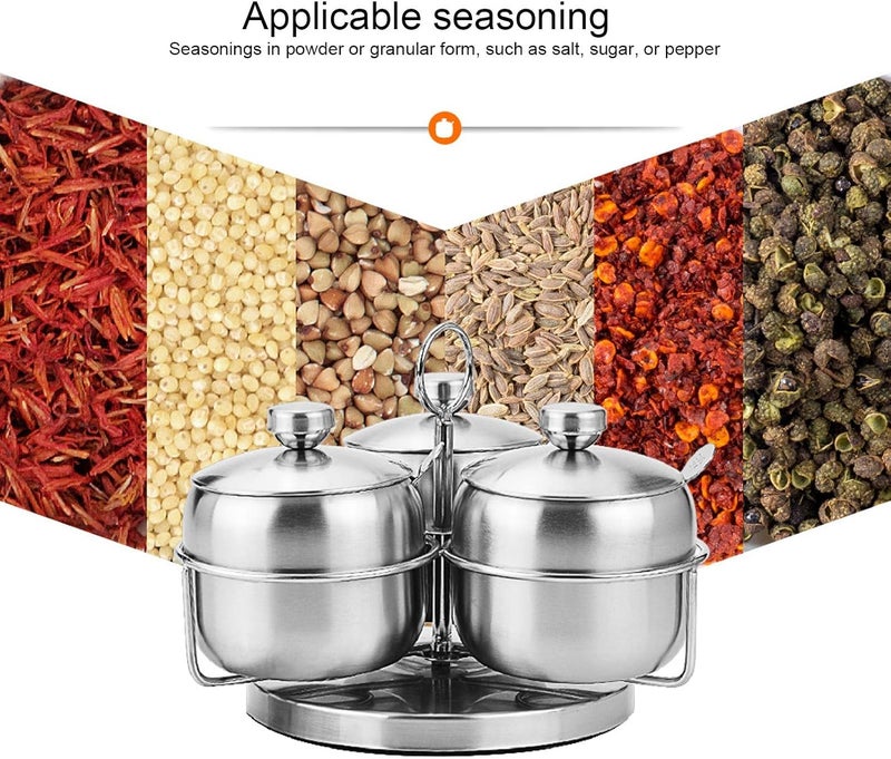 Seasoning Pot Set, Rotating Condiment Jar Container with Lid and Spoon, 350ML 304 Stainless Steel Salt Sugar Organizer for Kitchen Restaurant Camping - Image 3