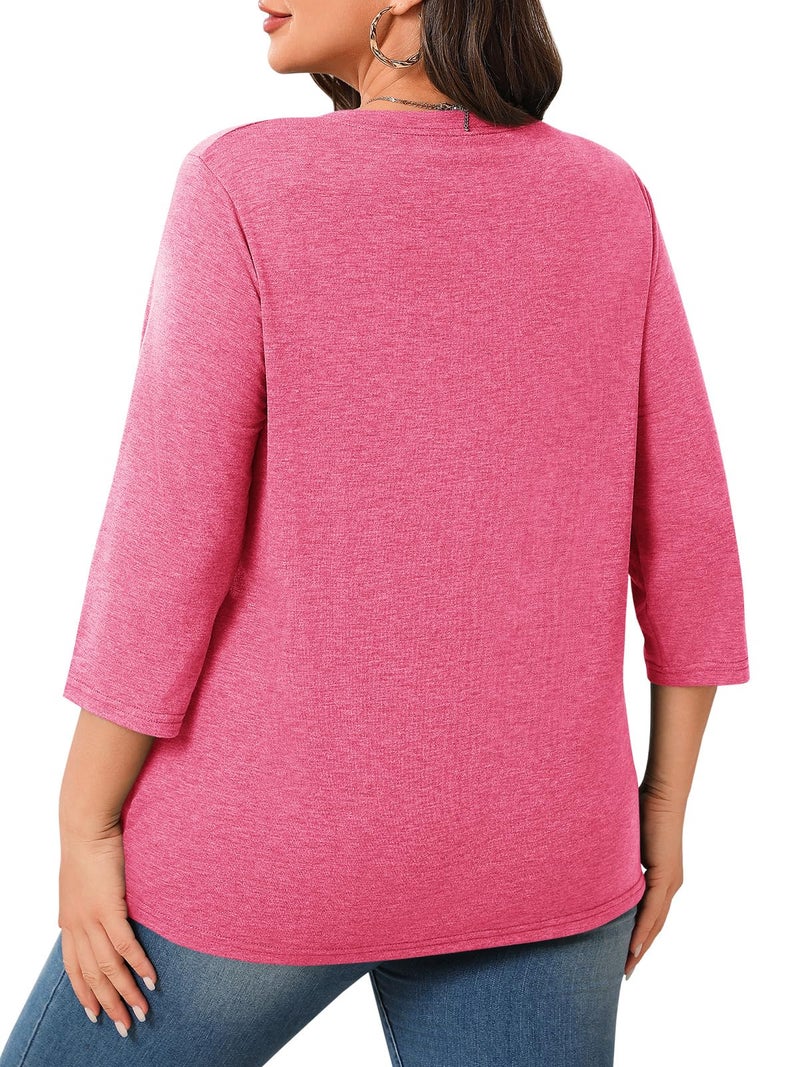 Beautife Plus Size Tops for Womens 3/4 Sleeve Casual T Shirts Loose Fit Tunic Blouse Pink - Image 4