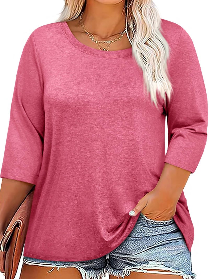 Beautife Plus Size Tops for Womens 3/4 Sleeve Casual T Shirts Loose Fit Tunic Blouse Pink - Image 1