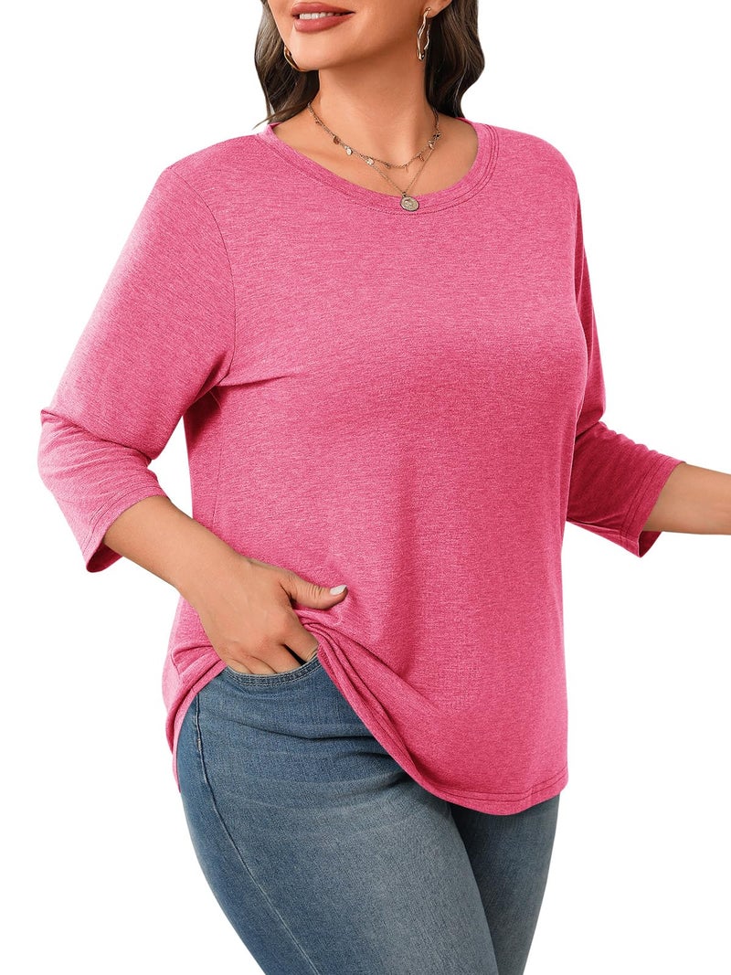 Beautife Plus Size Tops for Womens 3/4 Sleeve Casual T Shirts Loose Fit Tunic Blouse Pink - Image 3