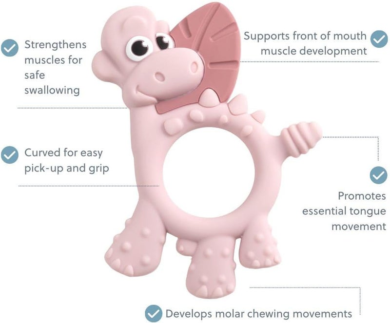 bibado Teething Toy : Dotty the Dinosaur™ Multi-Sensory Teether designed to strengthen and develop mouth muscles suitable for 3 Months and Above - Blush - Image 2