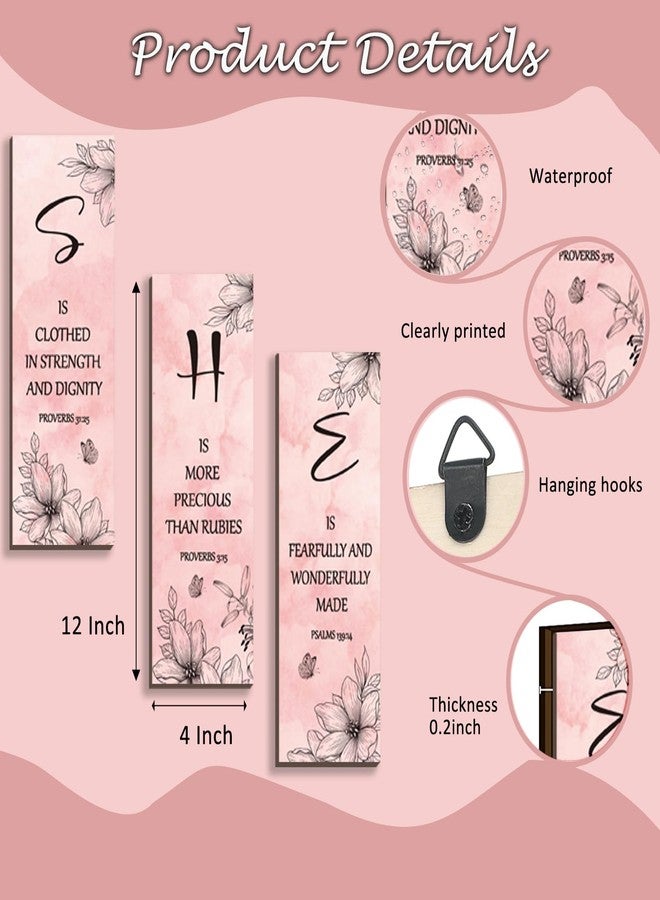 DONFENTHY 3-Pcs Pink Wall Decor Inspirational Pink Floral Wall Art Wooden Hanging Decor Elegant Bathroom Motivational Gift for Women's Bedroom Bathroom Office Kitchen(12x4 - Image 4