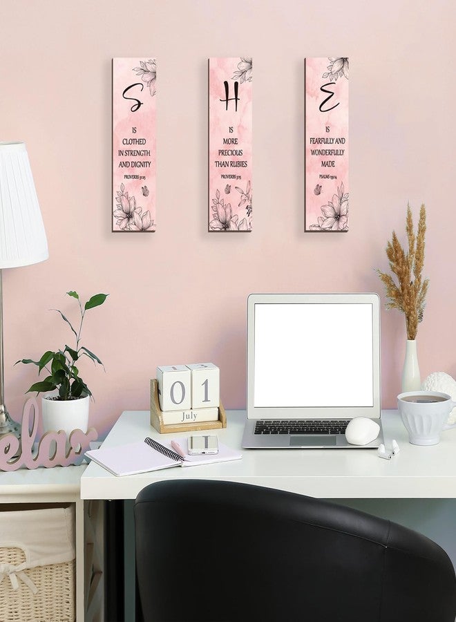 DONFENTHY 3-Pcs Pink Wall Decor Inspirational Pink Floral Wall Art Wooden Hanging Decor Elegant Bathroom Motivational Gift for Women's Bedroom Bathroom Office Kitchen(12x4 - Image 2