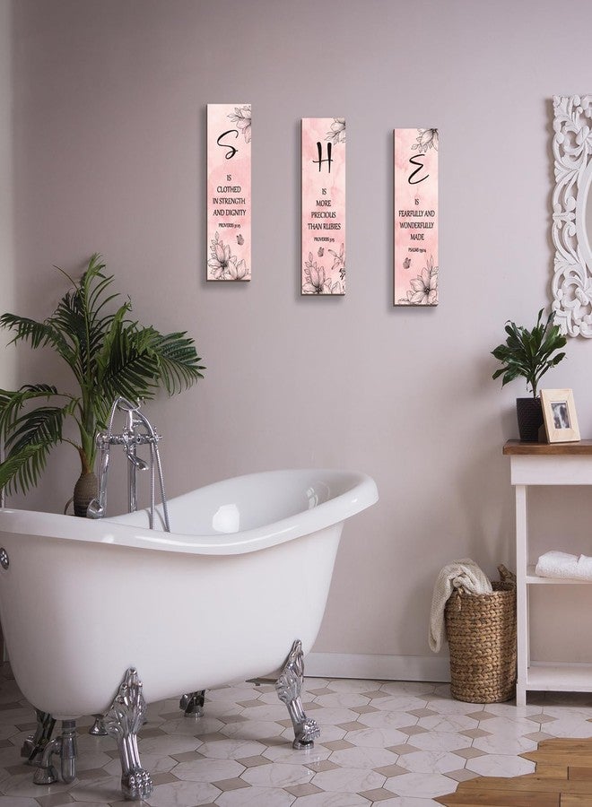 DONFENTHY 3-Pcs Pink Wall Decor Inspirational Pink Floral Wall Art Wooden Hanging Decor Elegant Bathroom Motivational Gift for Women's Bedroom Bathroom Office Kitchen(12x4 - Image 5