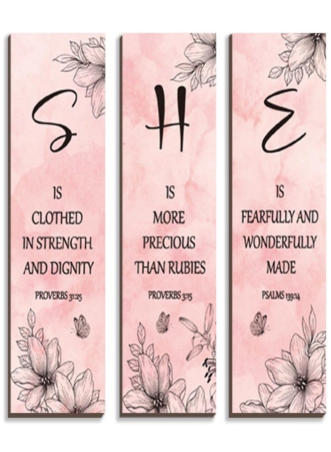 DONFENTHY 3-Pcs Pink Wall Decor Inspirational Pink Floral Wall Art Wooden Hanging Decor Elegant Bathroom Motivational Gift for Women's Bedroom Bathroom Office Kitchen(12x4 - Image 1
