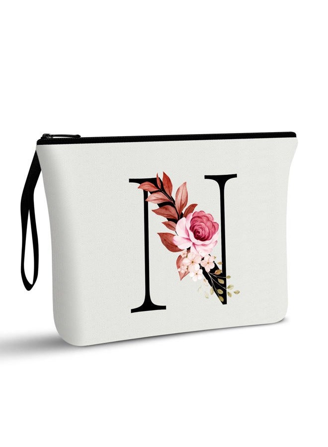 Vavabox A-Z Personalized Makeup Bag, Birthday Gifts for Women Mom, Gifts for Best Friend, Bride Bridesmaid Cosmetic bag (N, White) - Image 1