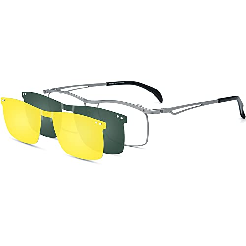 FONEX Pure Titanium Glasses Frame Men Square Magnet Clip On Eyeglasses with Polarized and Night Vision Lens (F85759 Silver with Green & Night Vision Lens) - Image 1