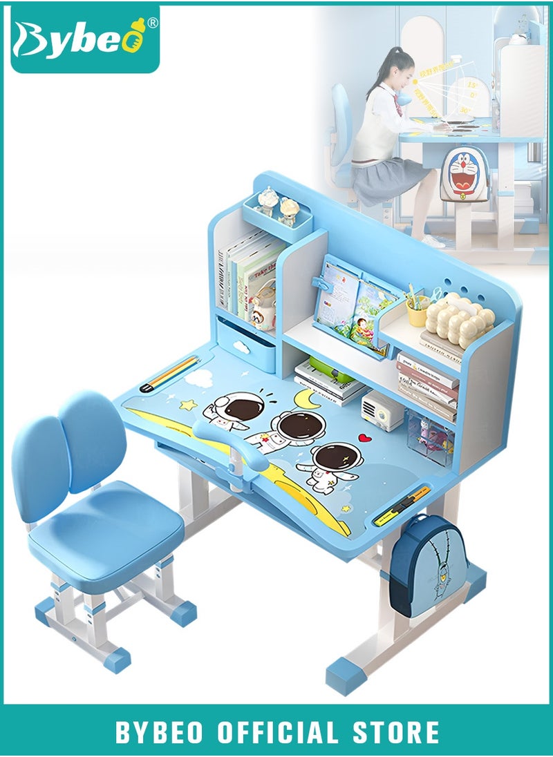Bybeo Enlarged Kids Table and Chair Set, Kid Study Table, Multifunctional Children's Reading Study Activity Desk, Ergonomic Toddler Chairs, with Sitting Posture Corrector, Storage Drawer, Bookcase, Reading Shelves, Stationery Storage, for School Student Writing Studying  - Image 1
