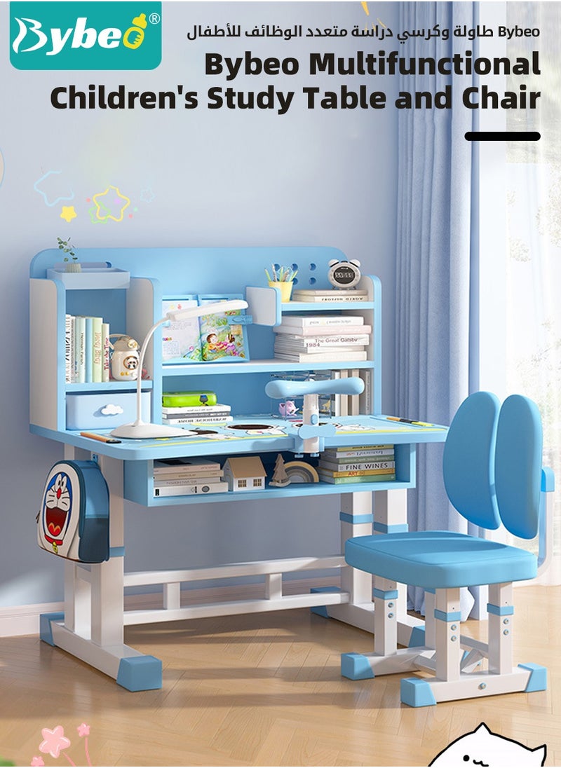 Bybeo Enlarged Kids Table and Chair Set, Kid Study Table, Multifunctional Children's Reading Study Activity Desk, Ergonomic Toddler Chairs, with Sitting Posture Corrector, Storage Drawer, Bookcase, Reading Shelves, Stationery Storage, for School Student Writing Studying  - Image 2