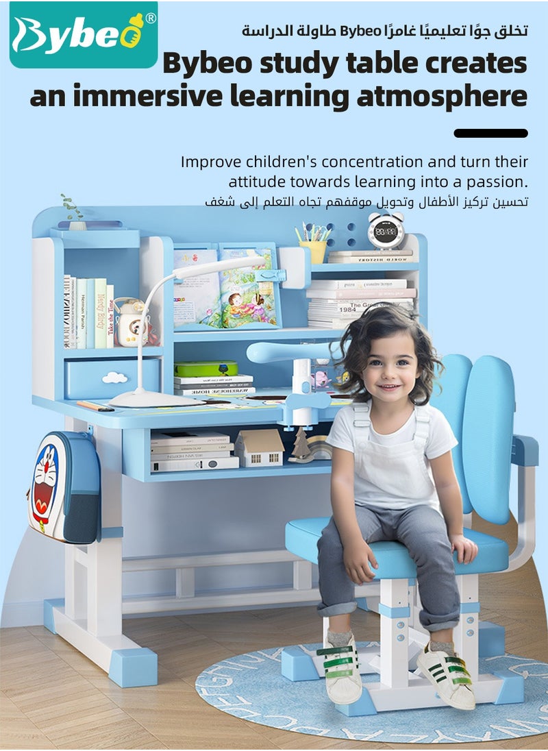 Bybeo Enlarged Kids Table and Chair Set, Kid Study Table, Multifunctional Children's Reading Study Activity Desk, Ergonomic Toddler Chairs, with Sitting Posture Corrector, Storage Drawer, Bookcase, Reading Shelves, Stationery Storage, for School Student Writing Studying  - Image 3