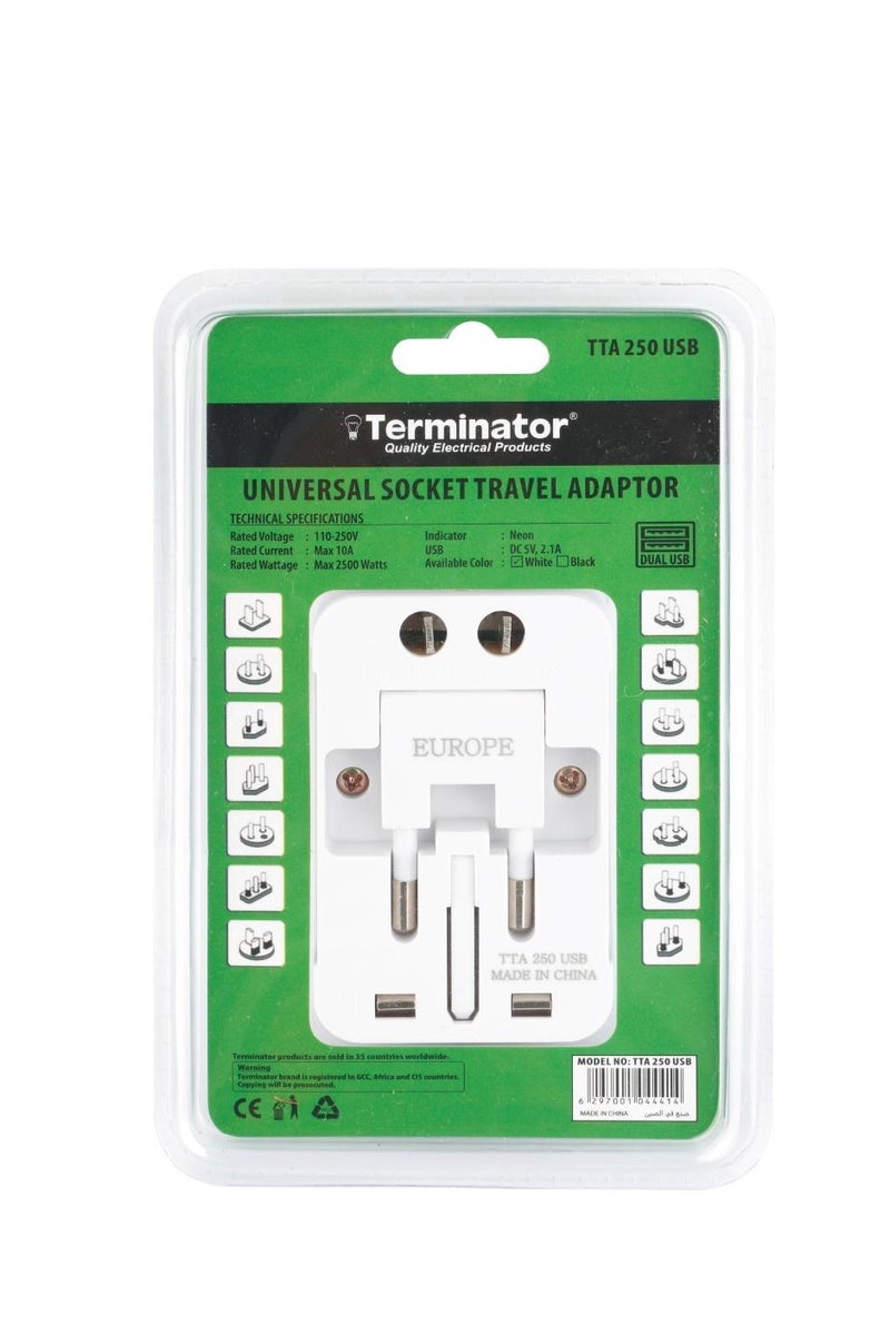 Terminator TTA 250 Universal Socket Travel Adaptor | All-in-One International Plug Converter for UK, EU, US, AU | Compact 250V Travel Charger Adapter - Image 3
