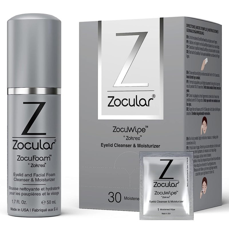 ZocuFoam Eyelid Cleanser and ZocuWipe Eyelid Wipes Bundle  Eye Care for Dry and Irritated Eyes  30 ct