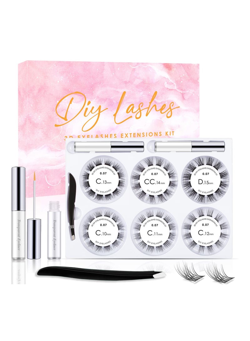 DIY Lash Extension Kit - 72 Soft & Lightweight Volume Clusters, C Curl 0.07mm, 10-15mm Mixed Lengths, At-Home Eyelash Extensions with Glue & Tweezers Included. - Image 1