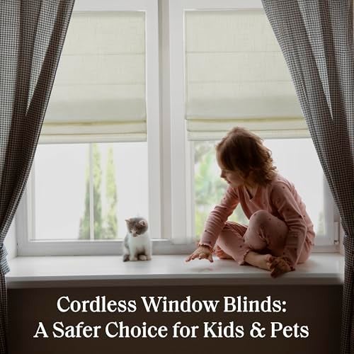 Madison Park Kyler Cordless Roman Shades Single Panel Lightweight Linen Blend Fabric Natural Design Easy Installation Light Filtering Window Blind Bedroom Living Room Decor 27W x 64L Ivory - Image 3