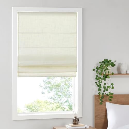 Madison Park Kyler Cordless Roman Shades Single Panel Lightweight Linen Blend Fabric Natural Design Easy Installation Light Filtering Window Blind Bedroom Living Room Decor 27W x 64L Ivory - Image 1