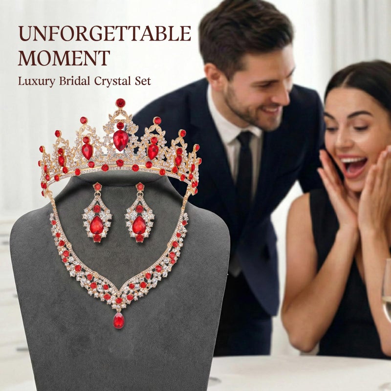 Geurlev Tiaras and Crowns for Women,Tiaras Earrings Necklace, Crystal Bridal Jewelry Set (Gold Red) - Image 2