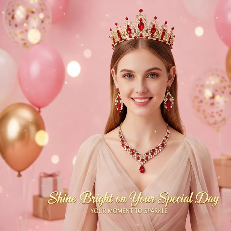 Geurlev Tiaras and Crowns for Women,Tiaras Earrings Necklace, Crystal Bridal Jewelry Set (Gold Red) - Image 4