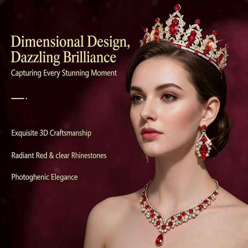 Geurlev Tiaras and Crowns for Women,Tiaras Earrings Necklace, Crystal Bridal Jewelry Set (Gold Red) - Image 3