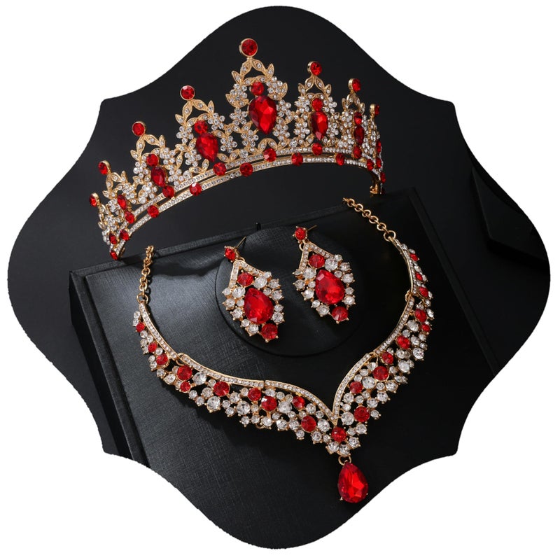 Geurlev Tiaras and Crowns for Women,Tiaras Earrings Necklace, Crystal Bridal Jewelry Set (Gold Red) - Image 1