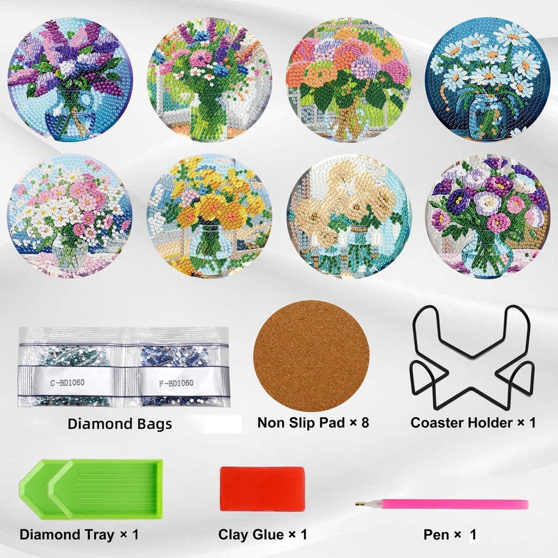Ekuxom 8 PCS Flowers Diamond Art Coasters Kits, Diamond Painting Coasters Kits with Holder Cork Pads, DIY Crystal Full Drill Rhinestone Drink Coaster for Crafts Gifts Adults Beginners - Image 3