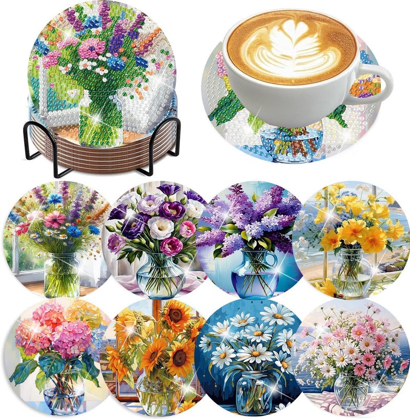 Ekuxom 8 PCS Flowers Diamond Art Coasters Kits, Diamond Painting Coasters Kits with Holder Cork Pads, DIY Crystal Full Drill Rhinestone Drink Coaster for Crafts Gifts Adults Beginners - Image 1