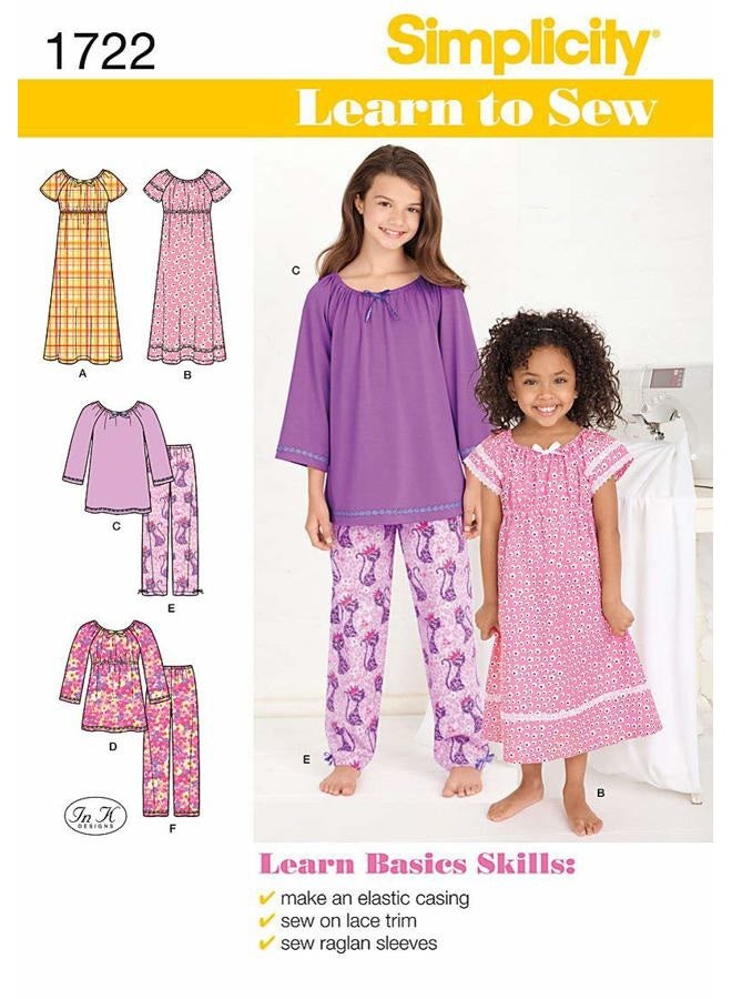 Pattern 1722.K5 Learn To Sew Child's and Girl's Loungewear,WhiteT, 7-14