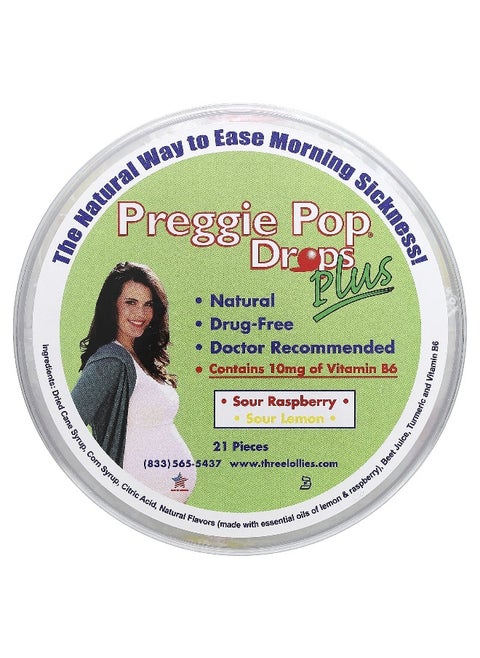 Preggie, Pop Drops Plus, Sour Raspberry, Sour Lemon, 21 Pieces