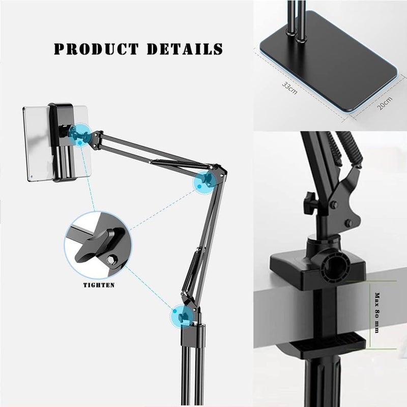 2 In 1 Tablet Stand Holder Adjustable For Bed Desk Phone Stand Holder Floor Stand For 4.6-11.9'' Ipad, Iphone, Samsung Galaxy Tablet Black - Image 4
