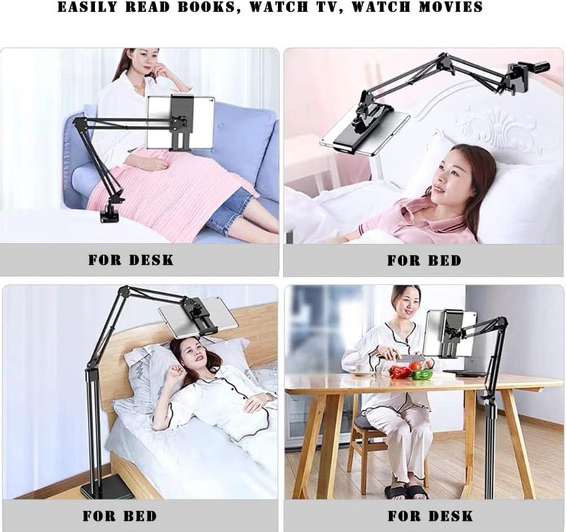 2 In 1 Tablet Stand Holder Adjustable For Bed Desk Phone Stand Holder Floor Stand For 4.6-11.9'' Ipad, Iphone, Samsung Galaxy Tablet Black - Image 2