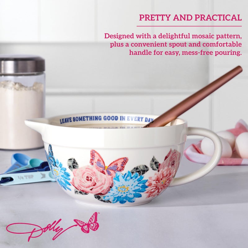 Dolly Parton Ceramic Batter Bowl, Mosaic Design with Inspirational Quote, Capacity, Spout and Handle, Dishwasher Safe, 2.5 Quart - Image 3