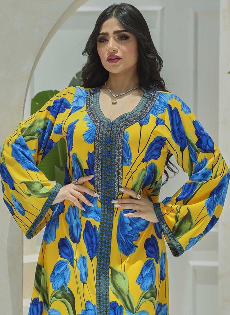 FridayIn Elegant style Sweet V-neck Color contrast Printing Ribbon Flared sleeve Kaftan Yellow - Image 4