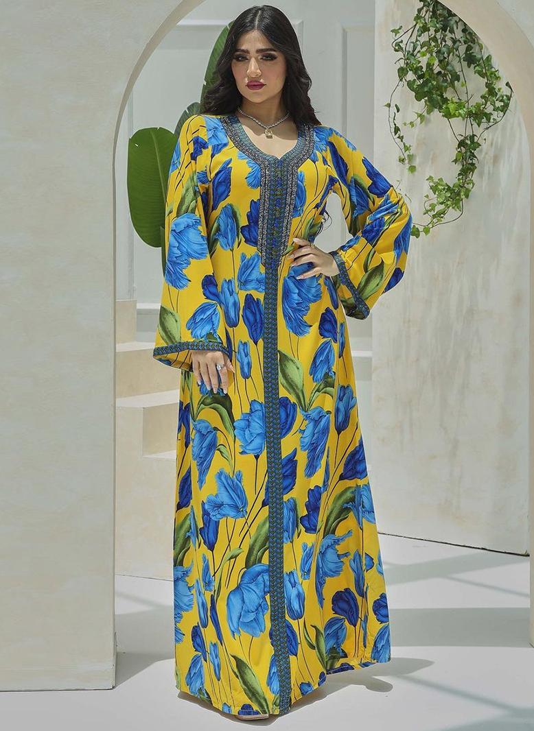 FridayIn Elegant style Sweet V-neck Color contrast Printing Ribbon Flared sleeve Kaftan Yellow - Image 1