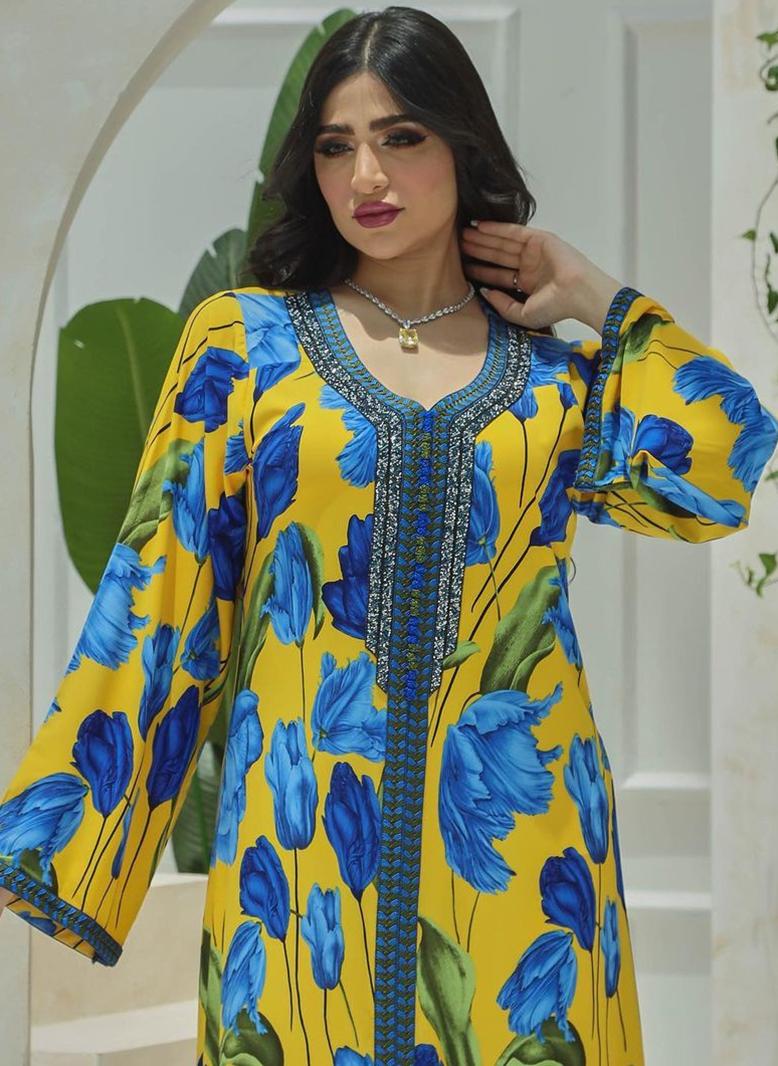 FridayIn Elegant style Sweet V-neck Color contrast Printing Ribbon Flared sleeve Kaftan Yellow - Image 3