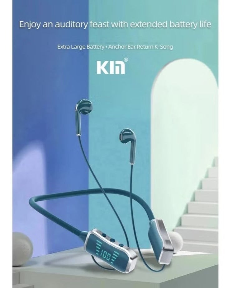 KL50 Bluetooth Neckband Earphones – 48 Hours Playtime with LED Display, TF Card Slot, and Multi-Functional Button Control – Wireless Neckband Headphones with Deep Bass, Clear Sound, and Comfortable Fit – Green