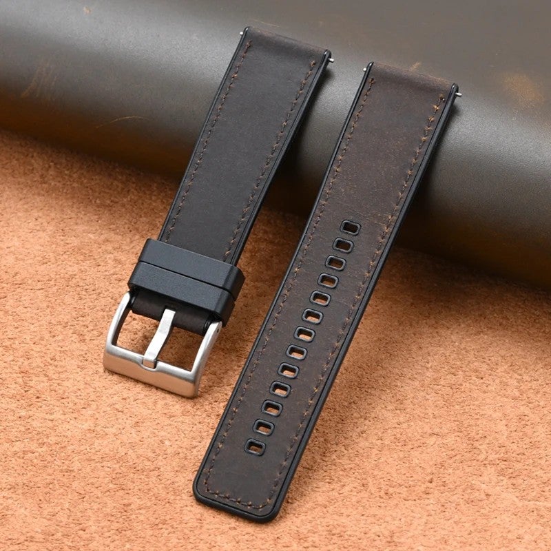 Bluejw Quick Release Thick Crazy Horse Leather & Breathable Silicone Hybrid Watch Band Replacement Strap for Men and Women – Easy to Replace the Watch Strap - Image 1