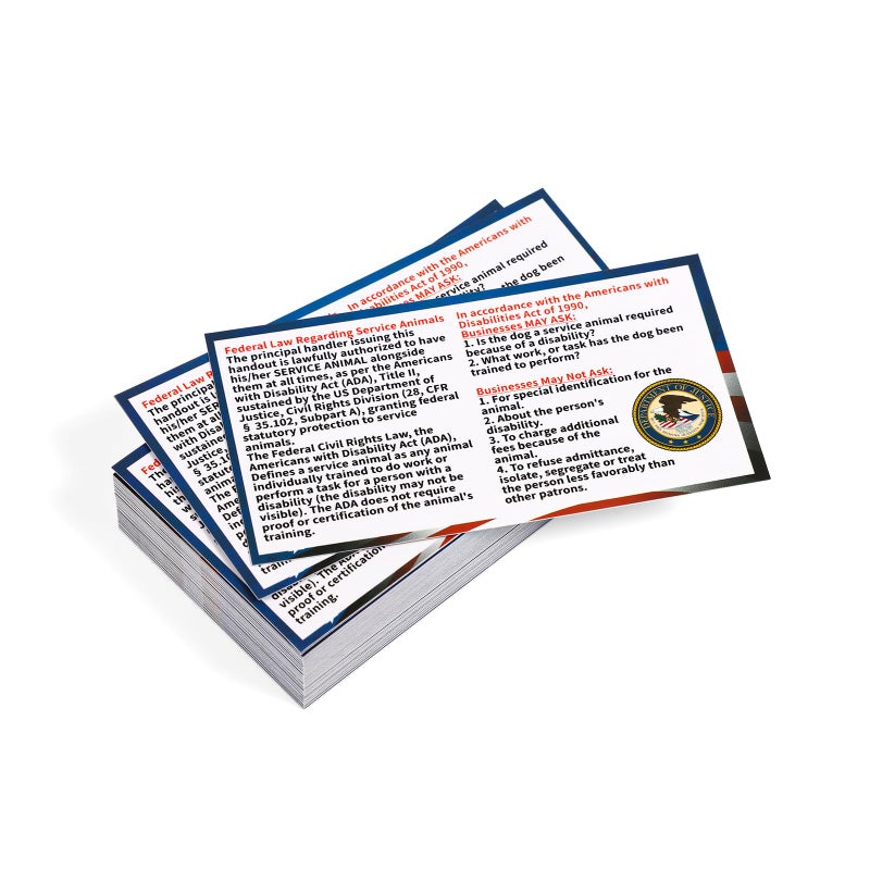 PEUTIER 50pcs Service Dog Law Cards, ADA Service Animal Id Badge Gear Stuff Information Cards Tag Registration Certificate Print on Both Sides States Handler's Legal Rights to Uninformed Business Personnel - Image 1