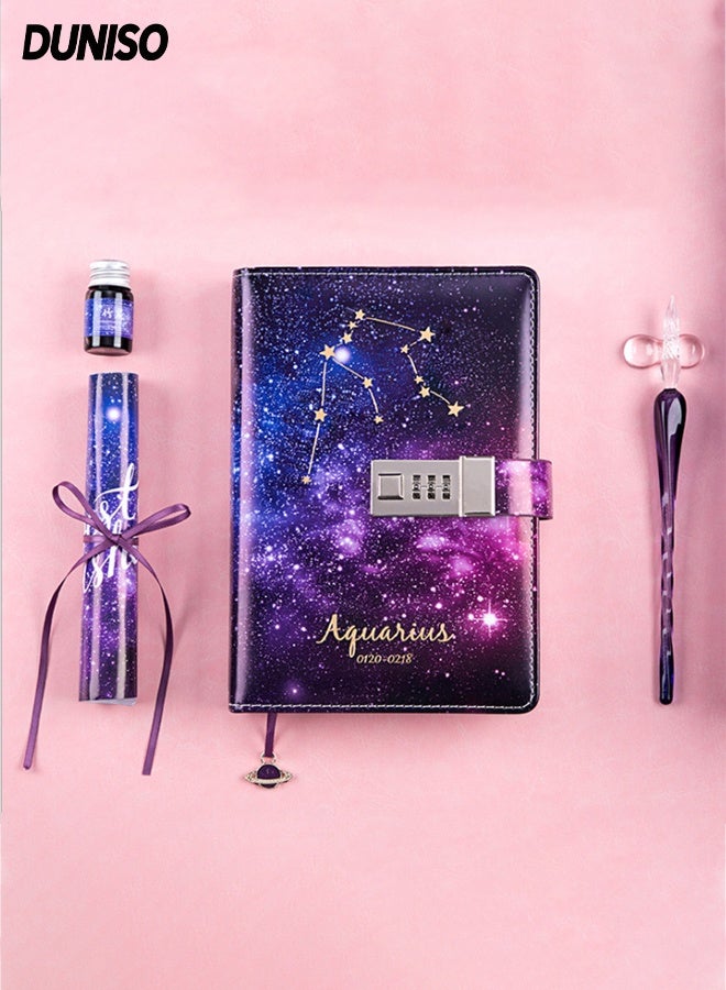 Diary With Lock,Constellation Journal Notebook Record Diary with lock,Taurus Starry Sky Refillable Password Noteook with Dip pen set,Constellation Writing Notebook A5 Notebook for Girls Ladies Children constellation Gifts