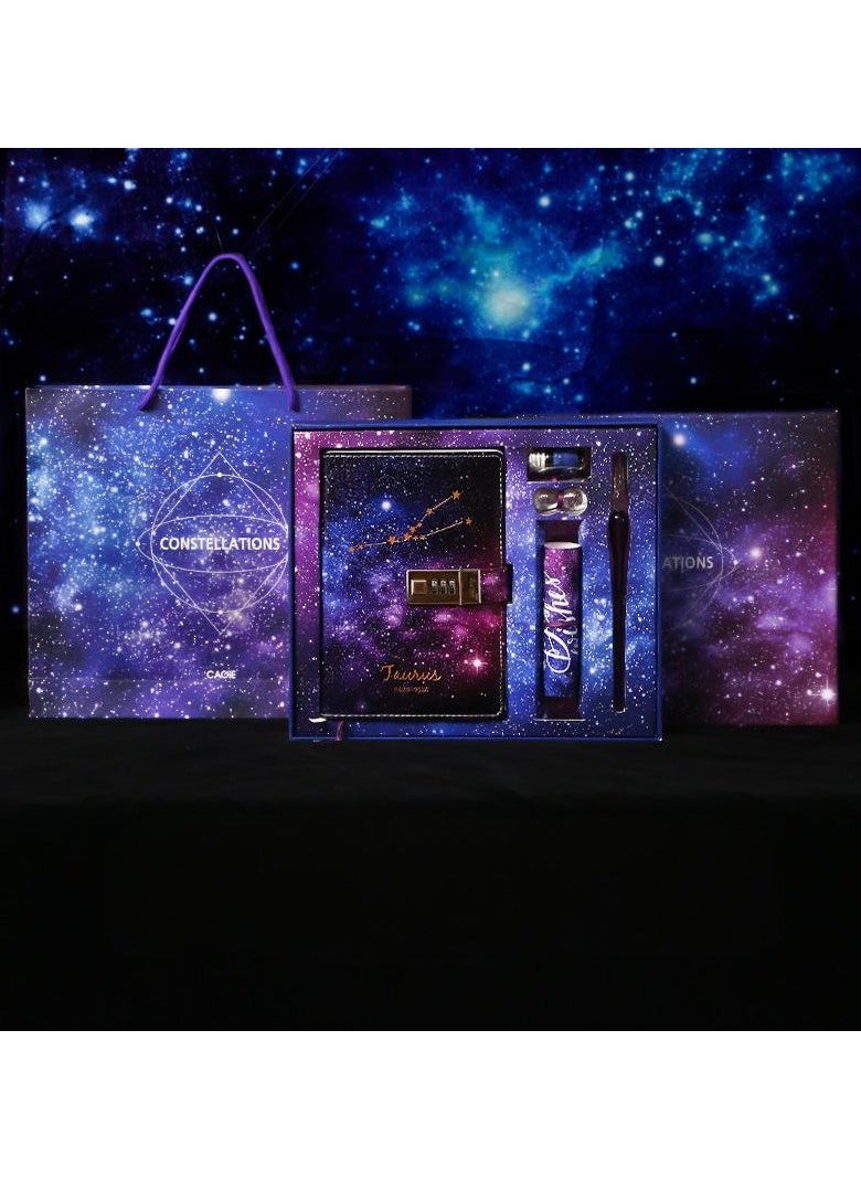 DUNISO Diary With Lock,Constellation Journal Notebook Record Diary with lock,Taurus Starry Sky Refillable Password Noteook with Dip pen set,Constellation Writing Notebook A5 Notebook for Girls Ladies Children constellation Gifts 