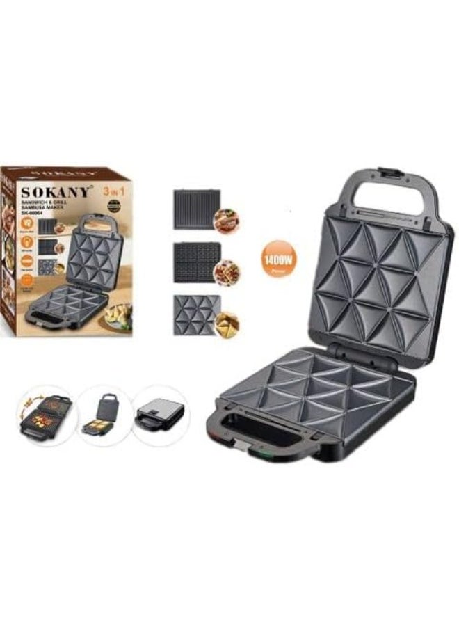 Sokany 3-in-1 Multi-Functional Sandwich Maker, Large Size, 1400 Watt, Black - SK-08064