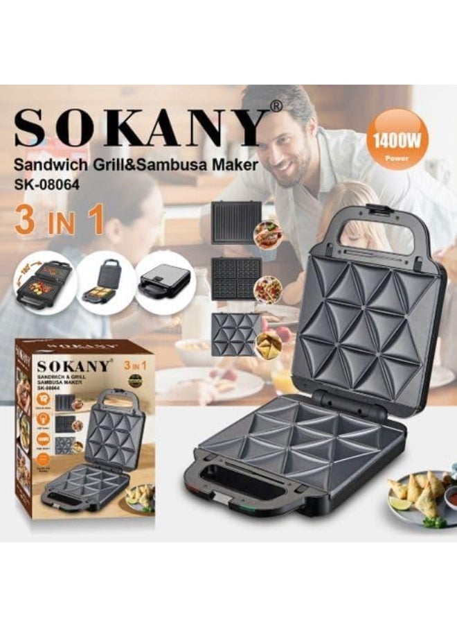 Sokany 3-in-1 Multi-Functional Sandwich Maker, Large Size, 1400 Watt, Black - SK-08064