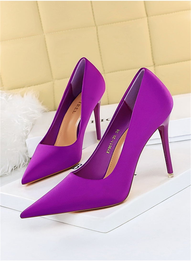 BIGTREE 10.5cm Stylish Pedicure Slim Heels With Slim Satin Pumps With Pointed Toes Purple  - Image 1