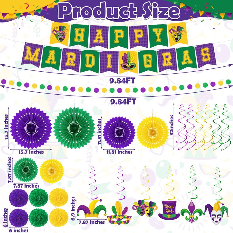Heartome 25PCS Mardi Gras Decorations, Mardi Gras Party Favors Decor Kit with Paper POMPOM, Happy Carnival Paper Fans Banner Felt Garland, Crown Hanging Swirls for Carnival Party Parade Accessories - Image 2