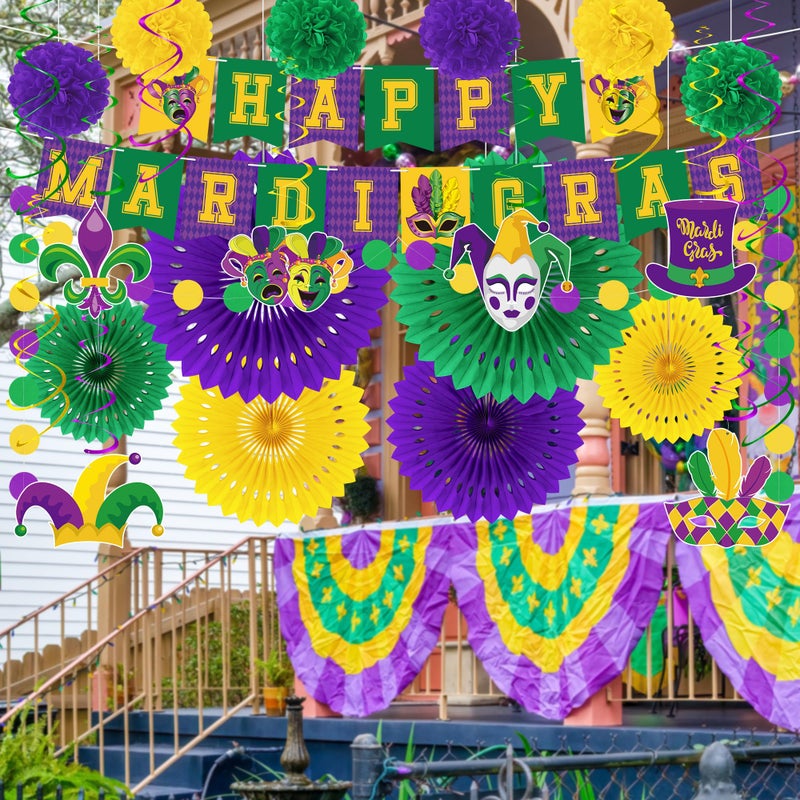 Heartome 25PCS Mardi Gras Decorations, Mardi Gras Party Favors Decor Kit with Paper POMPOM, Happy Carnival Paper Fans Banner Felt Garland, Crown Hanging Swirls for Carnival Party Parade Accessories - Image 5