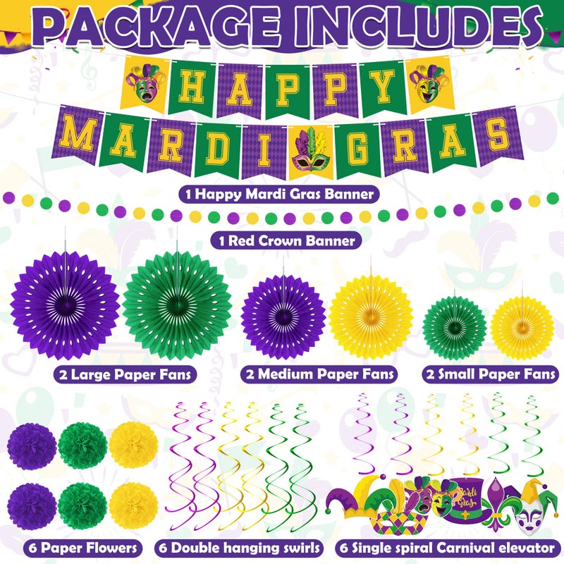 Heartome 25PCS Mardi Gras Decorations, Mardi Gras Party Favors Decor Kit with Paper POMPOM, Happy Carnival Paper Fans Banner Felt Garland, Crown Hanging Swirls for Carnival Party Parade Accessories - Image 3
