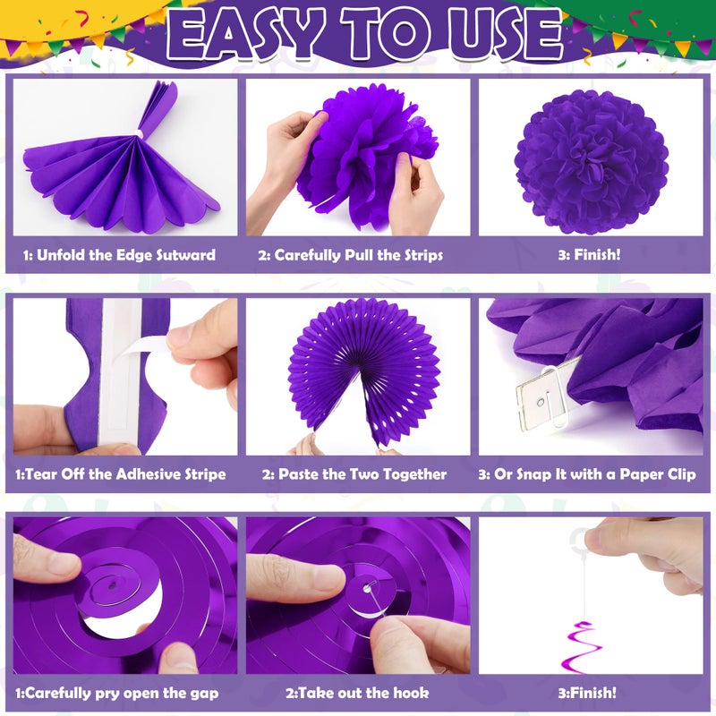 Heartome 25PCS Mardi Gras Decorations, Mardi Gras Party Favors Decor Kit with Paper POMPOM, Happy Carnival Paper Fans Banner Felt Garland, Crown Hanging Swirls for Carnival Party Parade Accessories - Image 4